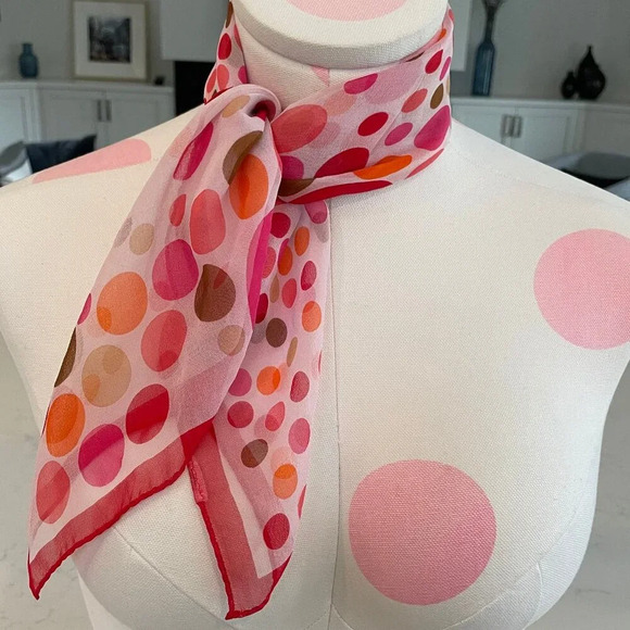 Vintage 20.5 X 20.5" Square Sheer Polka Dot Scarf Red Org Pk No Brand/Fabric tag - Picture 8 of 8